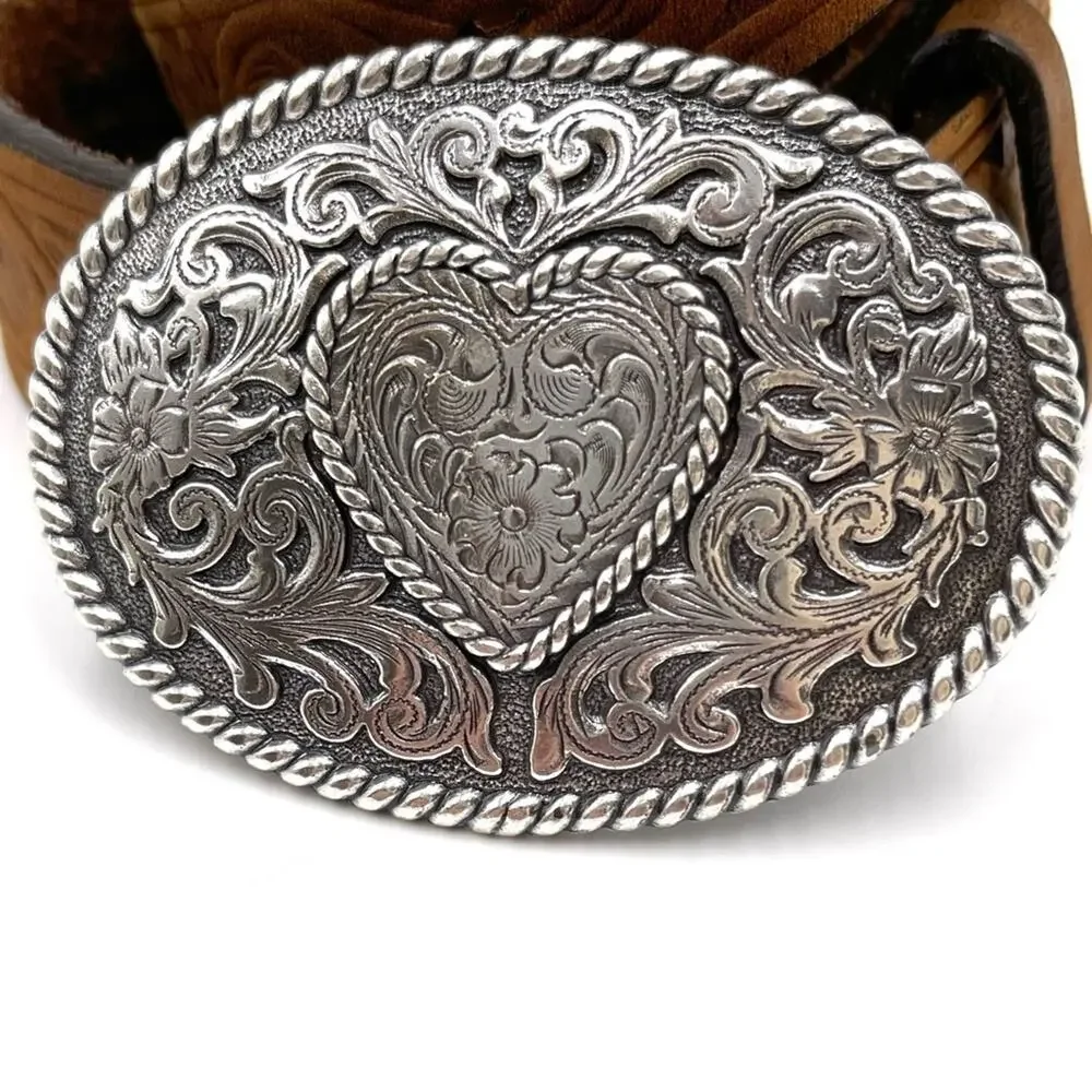 JUSTIN Western kids brown leather belt heart details on metal buckle size XS